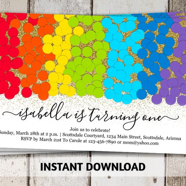 Gold Glitter & Rainbow Invitation Template - Girl Calligraphy and Confetti Birthday Party - Instant Download Digital File for Photo Prints