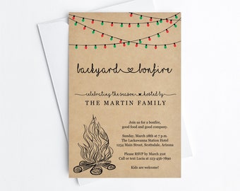 Christmas Backyard Bonfire Invitation Template - Printable Winter Party Invite, Lights, Rustic Kraft Paper Instant Download Digital File PDF