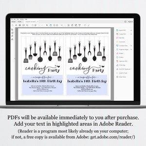May include: Printable PDF invitation for a cooking party. The invitation features a black and white illustration of kitchen utensils hanging from a string. The text "cooking party" is written in a cursive font with a heart symbol. The text "a recipe for fun" is written in a smaller font below the party title. The invitation is for Isabella's 14th birthday. The text "Join us on Sunday, March 20th at 6 p.m." is written below the birthday girl's name. The invitation includes the address and phone number for the party.
