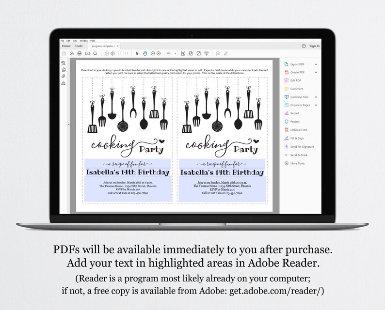 May include: Printable PDF invitation for a cooking party. The invitation features a black and white illustration of kitchen utensils hanging from a string. The text "cooking party" is written in a cursive font with a heart symbol. The text "a recipe for fun" is written in a smaller font below the party title. The invitation is for Isabella's 14th birthday. The text "Join us on Sunday, March 20th at 6 p.m." is written below the birthday girl's name. The invitation includes the address and phone number for the party.
