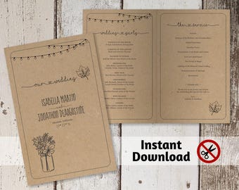 May include: A brown card wedding program featuring the words "our wedding" and the names Isabella Martin and Jonathon Deaugustine. The design includes string lights and a floral illustration.