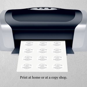 May include: A black and silver printer with a sheet of paper coming out of it. The paper has multiple round labels printed on it that say "Chocolate Chip Cookies". The text below the printer says "Print at home or at a copy shop."