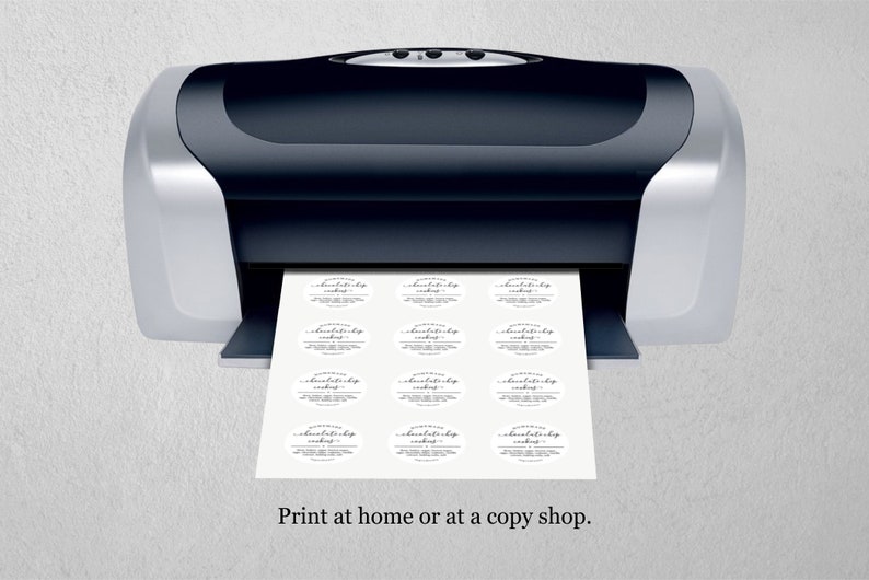 May include: A black and silver printer with a sheet of paper coming out of it. The paper has multiple round labels printed on it that say "Chocolate Chip Cookies". The text below the printer says "Print at home or at a copy shop."