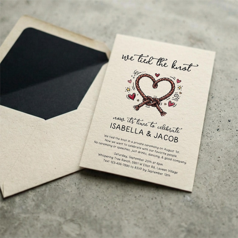 May include: A cream-coloured wedding invitation card and matching envelope. The card features a brown rope heart illustration, the text "we tied the knot", "now it's time to celebrate", "ISABELLA & JACOB", and event details including the date and location.