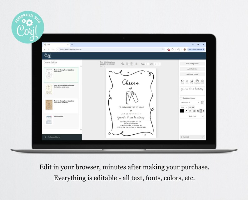May include: A laptop screen shows a birthday invitation template with the word "Cheers" and a graphic of two champagne glasses. The invitation text reads "To surviving the 1st year." The screen also shows editing options. The text "Edit in your browser" is visible.
