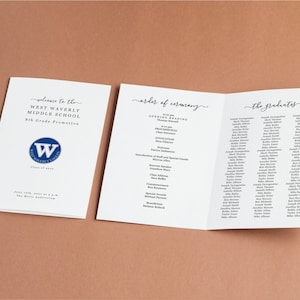 May include: A white program for West Waverly Middle School's 8th Grade Promotion. The program includes the order of ceremony and a list of graduates. The program features a blue and white logo with the letter W.