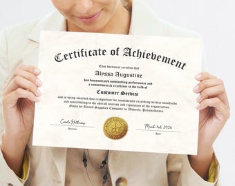 Certificate of Achievement with Gold Seal, Printable Template for Company Award / Employee Recognition for Leadership, Customer Service etc.