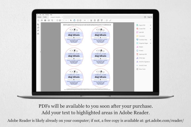 May include: A computer screen displaying a PDF document with six printable labels for dog treats. The labels are white with a light blue and pink design and the text "dog treats" in black. The text "COMPANY NAME" is also included on the labels.