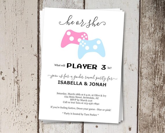 Video Games Gender Reveal Invitation Download - Player 3 He or She Game Controllers - Printable Template - Instant Digital File - 5x7
