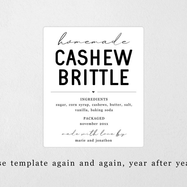 Homemade Cashew Brittle Label Template - Printable Gift Sticker, Personalize Custom Editable PDF Digital File Instant Download DIY