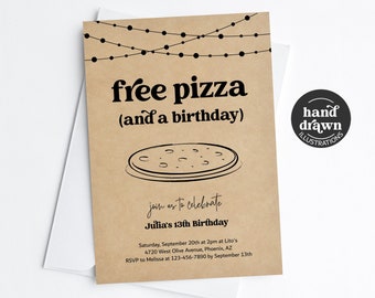 Pizza Birthday Party Invitation Template, Printable Fun Funny Free Pizza Party Theme Girl or Boy Invite Evite Download Digital Kraft