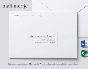 Mail Merge Address Template for Envelopes, Microsoft Word Excel Printable Minimalist Retro Modern Instant Download File A7 Wedding Christmas