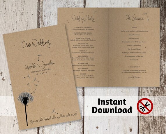 Printable Wedding Program Template Dandelion Wishes On Kraft Etsy