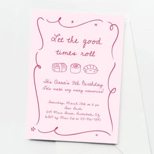 Modèle d'Invitation fête sushi enfant fille garçon homme femme anniversaire imprimable & Evite en rose bleu kraft doodles téléchargement numérique