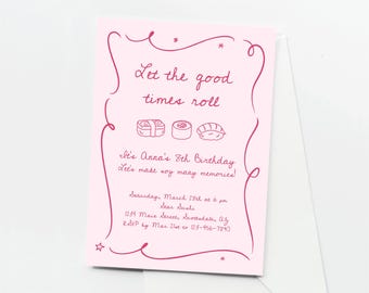 Sushi Party Invitation Template, Kid Girl Boy Man Woman Birthday Printable & Evite in Pink Blue Kraft Doodles Download Digital