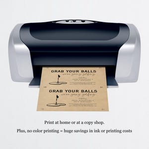 May include: Two printable invitations for a golf-themed birthday party. The invitations are printed on brown paper with black text and a golf course graphic. The text reads "Grab Your Balls We're Going Golfing" and includes the birthday person's name and age.