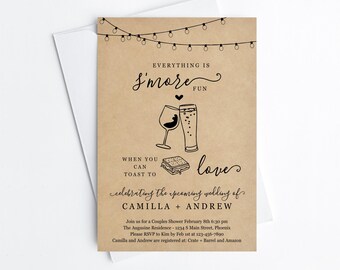 Smore Invitation Template, Couple Wedding Bridal Shower, Engagement Party, Rehearsal Dinner, Printable Wine Beer Alcohol Drinks Invite Evite