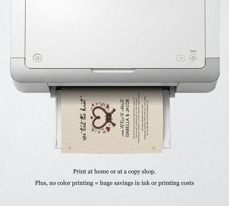 May include: A white printer outputting a cream-coloured wedding invitation card featuring a brown rope tied into a heart shape, red heart accents, and black text that reads we tied the knot, now it's time to celebrate, ISABELLA & JACOB.
