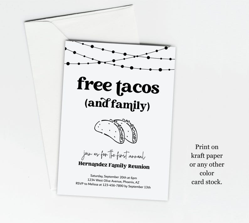 May include: A black and white printable invitation for a family reunion. The invitation features a string of lights, two tacos, and the text "free tacos (and family)". The text "join us for the first annual Hernandez Family Reunion" is also included, along with the date, time, location, and RSVP information.