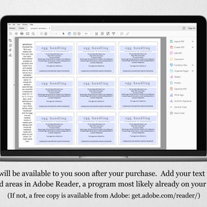 May include: A computer screen displaying a PDF document with nine blue and white cards that say "egg handling" and contain text about how to handle eggs. The document is open in Adobe Reader, a program for viewing and editing PDF files.