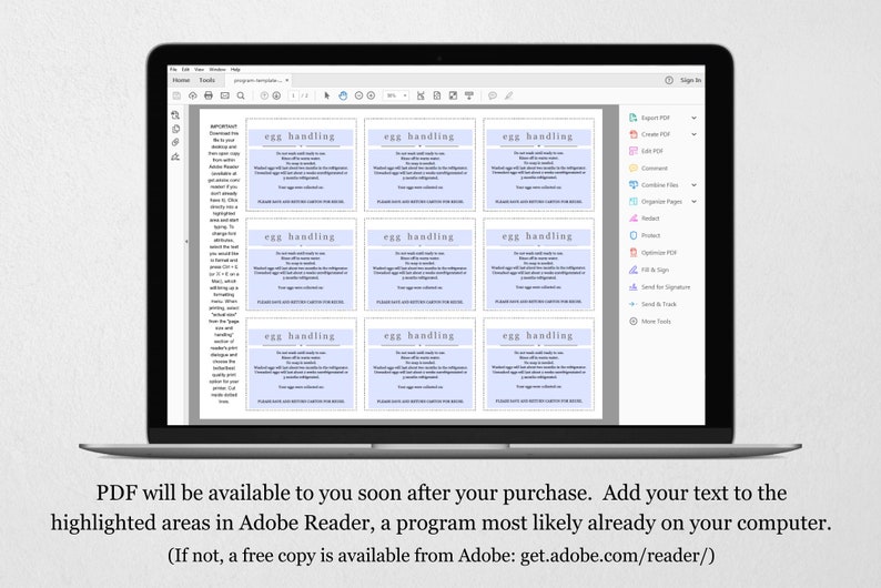May include: A computer screen displaying a PDF document with nine blue and white cards that say "egg handling" and contain text about how to handle eggs. The document is open in Adobe Reader, a program for viewing and editing PDF files.