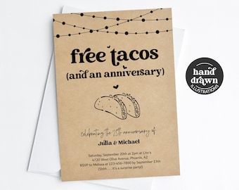 Funny Free Tacos Wedding Anniversary Party Invitation Template, Printable Mexican Fiesta Evite Download 5th 10th 20th 25th 30th 40th 50th