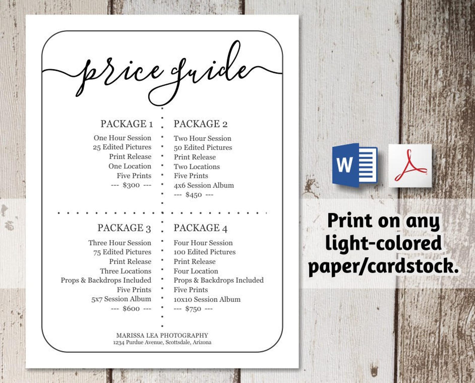 Printable Price List Template NO COLOR INK Word Pdf - Etsy