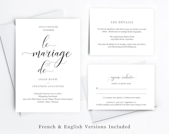 French Wedding Invitation Template, Printable Bilingual Invite, RSVP & Details Card Set, Minimalist Instant Download Digital File PDF Suite