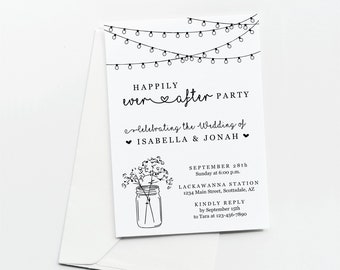 Wedding Reception Only Invitation Template, Printable Rustic Mason Jar Fairy Lights Happily Ever After Invite, Instant Download Digital File