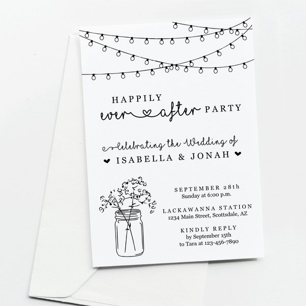 Wedding Reception Only Invitation Template, Printable Rustic Mason Jar Fairy Lights Happily Ever After Invite, Instant Download Digital File