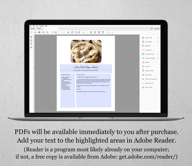 May include: A laptop screen displaying a printable recipe for chocolate chip cookies. The recipe is formatted with a light blue background and includes a photo of chocolate chip cookies. The text on the screen reads "chocolate chip cookys".
