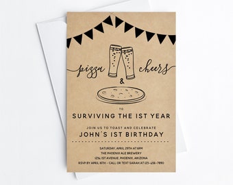 Pizza Cheers & Beers to Surviving the First Year, Funny 1st Birthday Party Invitation Template Brewery Party Invite Instant Download Digital