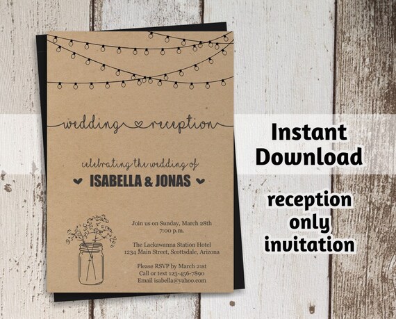 reception only invitation template printable rustic mason etsy