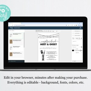 May include: A computer screen showing a website with a customisable invitation template for a neighbourhood meet and greet. The template has a black and white design with text that reads "neighbourhood meet & greet".