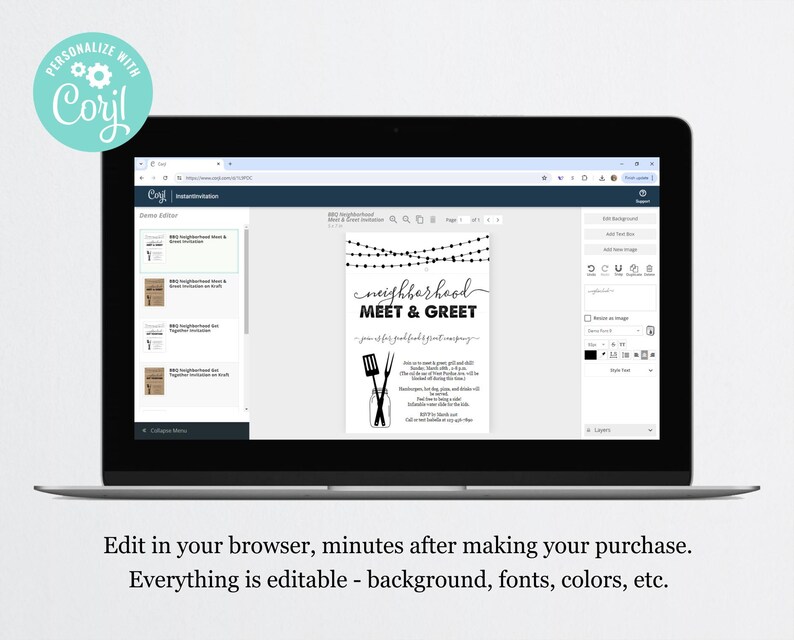 May include: A computer screen showing a website with a customisable invitation template for a neighbourhood meet and greet. The template has a black and white design with text that reads "neighbourhood meet & greet".