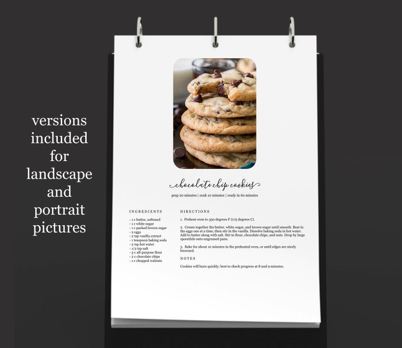 May include: A printable recipe card for chocolate chip cookies with a photo of a stack of cookies. The recipe includes ingredients, directions, and notes. The recipe card is printed on white paper with black text.