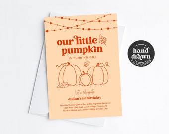 Little Pumpkin First Birthday Invitation Template, Printable Fall Autumn 1st Bday Party Invite Evite, Digital Download, Our Pumpkin is One