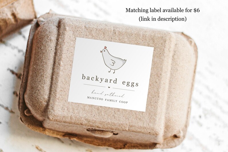 May include: A brown cardboard egg carton with a white label that says "backyard eggs" with a hand-drawn illustration of a chicken. The label also says "hand gathered" and "MANCUSO FAMILY COOP".