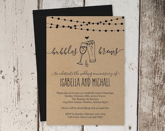 Bubbles & Brews Wedding Anniversary Party Invitation Template, Instant Download Invite, Kraft Paper - 5th 10th 20th 25th 30th 40th 50th 60th