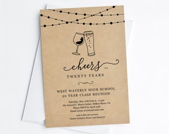 Class Reunion Invitation Template, Any Year High School or College, Printable Invite, Wine & Beer Cheers, Instant Download Digital File