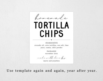 Homemade Tortilla Chips Label Template - Printable Gift Sticker, Personalize Custom Editable PDF Digital File Instant Download DIY