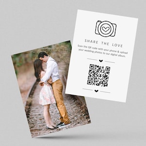Teilen Sie die Liebe Hochzeit QR-Code Digitales Fotoalbum Karte mit Bild auf der Rückseite, druckbar Erfassen Sie die Liebe Vorlage Sofortiger Download Digital