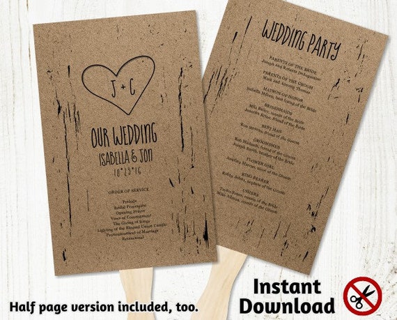 printable wedding program fan template rustic tree wood etsy