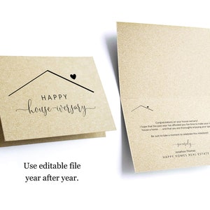 Bewerkbare Happy House-kaartsjabloon - Afdrukbare huis-iversary gevouwen - Nieuw huis jubileum - Makelaar Makelaar Download PDF