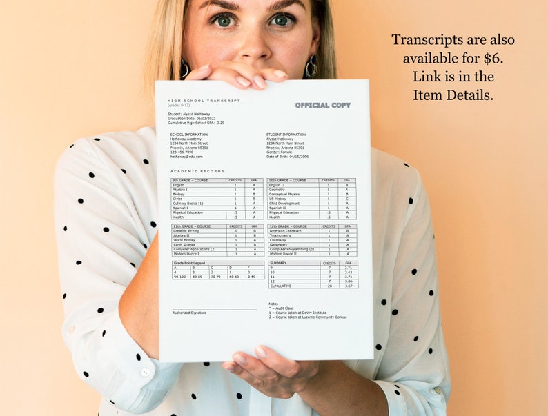 May include: A close-up of a high school transcript with the student's name, graduation date, and GPA. The transcript includes a list of courses taken and grades received. The text "OFFICIAL COPY" is printed at the top of the page. The text "Transcripts are also available for $6. Link is in the Item Details." is printed at the top right corner of the page.