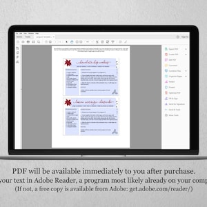 May include: A laptop displays a PDF document with two recipes: "chocolate chip cookies" and "lemon meringue cheesecake." The document includes ingredients and directions. Below the laptop screen is text that reads "PDF will be available immediately to you after purchase."