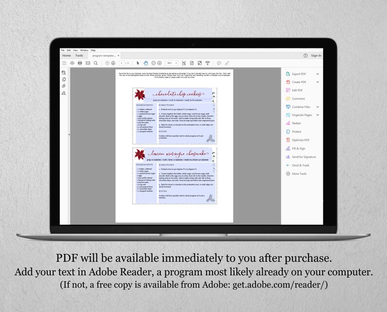 May include: A laptop displays a PDF document with two recipes: "chocolate chip cookies" and "lemon meringue cheesecake." The document includes ingredients and directions. Below the laptop screen is text that reads "PDF will be available immediately to you after purchase."