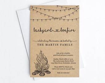 Backyard Bonfire Invitation Template - Printable Fall Winter Party, Fairy String Light, Rustic Kraft Paper Instant Download Digital File PDF