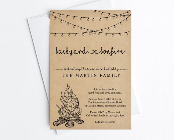 Backyard Bonfire Invitation Template - Printable Fall Winter Party, Fairy String Light, Rustic Kraft Paper Instant Download Digital File PDF
