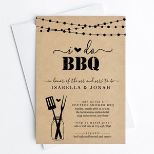 May include: A brown paper invitation with string lights at the top. The text reads "i do BBQ" in honour of the "mr and mrs to be" Isabella & Jonah. The invitation details a couples shower BBQ on Sunday, March 28th at 10 a.m. at the Lackawanna Station Hotel, 1234 Main Street. RSVP by March 21st to 123-456-7890. The registry is at Bed Bath and Beyond and Macy's.